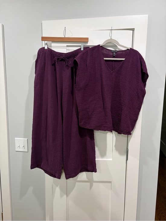 Eileen Fisher Pants - Eileen Fisher Deep Plum Gauze Wide-Leg Pants & V-Neck Top Set